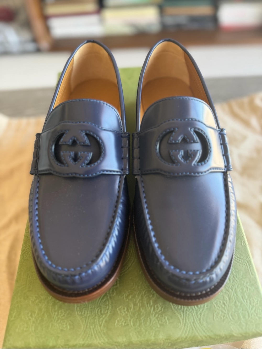 Gucci Blue Leather Interlocking GG Penny Loafers